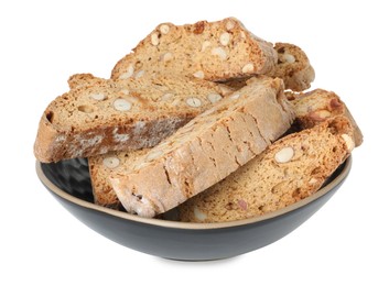 Traditional Italian almond biscuits (Cantucci) in bowl isolated on white