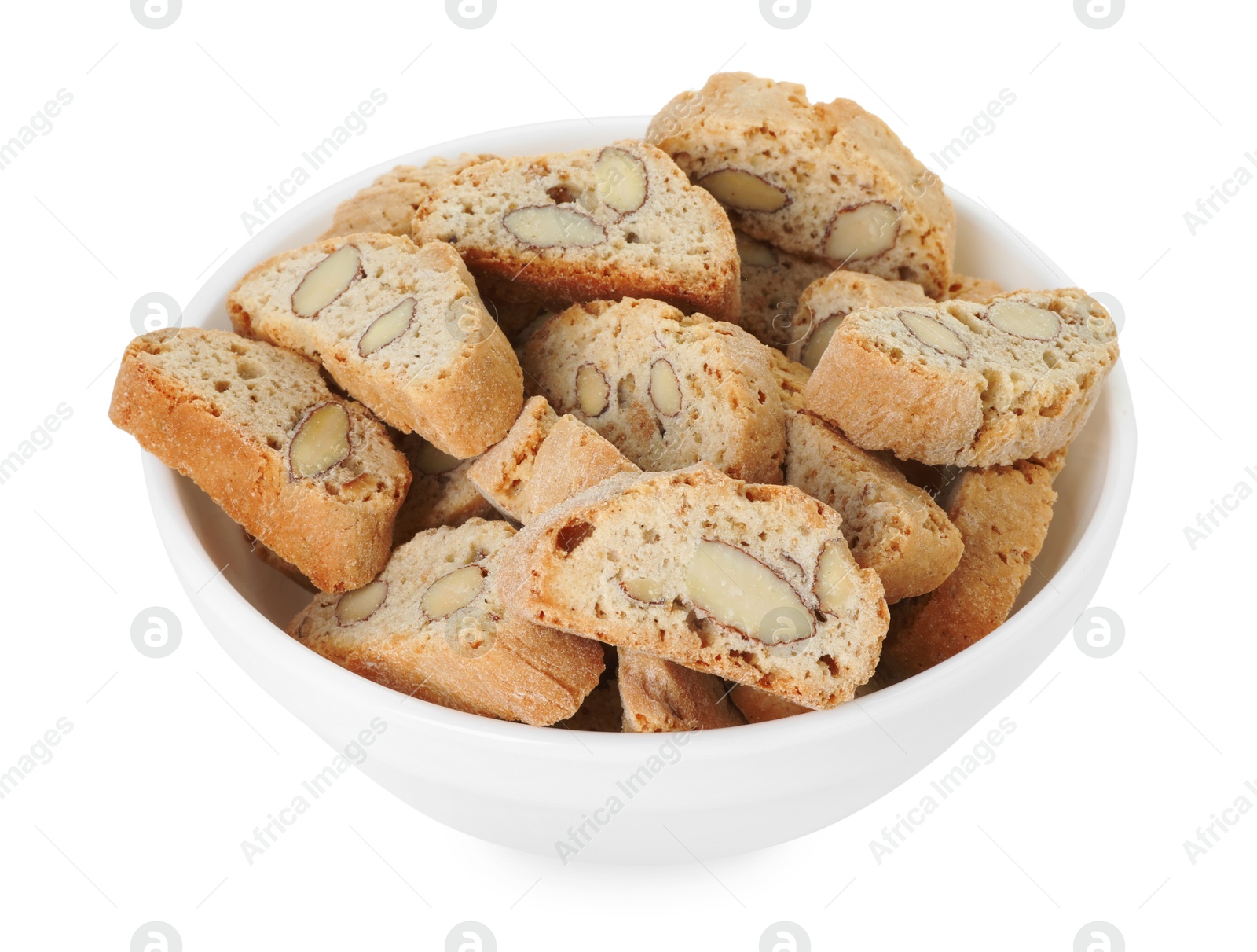 Photo of Traditional Italian almond biscuits (Cantucci) in bowl isolated on white