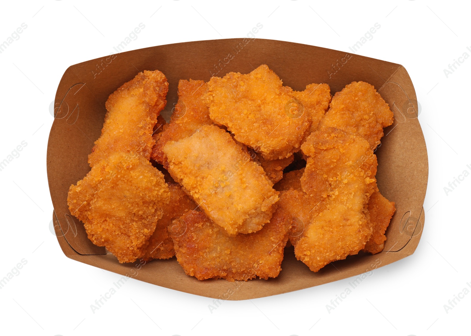 Photo of Delicious chicken nuggets in carton box isolated on white, top view