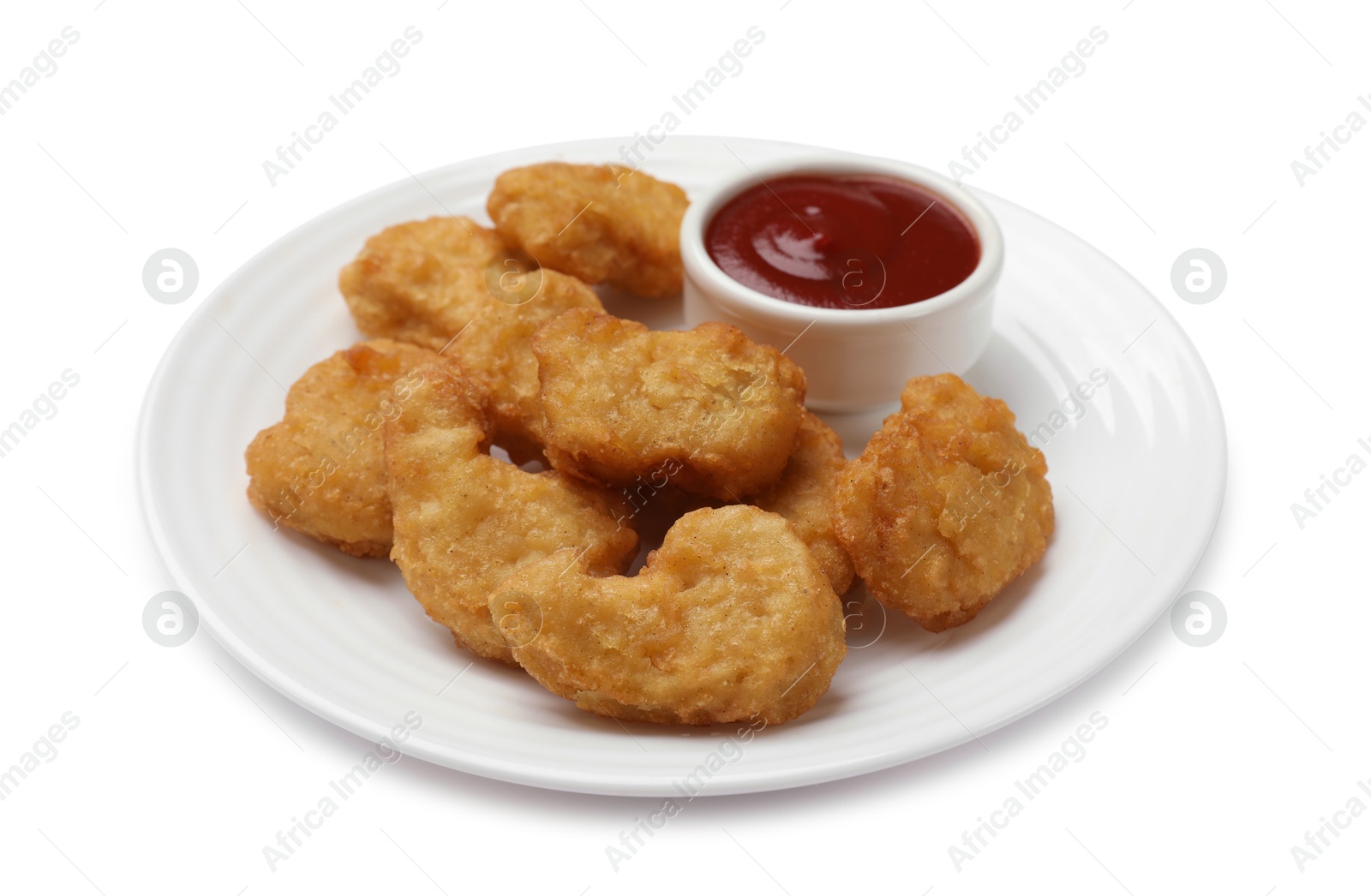 Photo of Delicious chicken nuggets and ketchup isolated on white