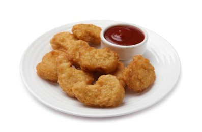 Photo of Delicious chicken nuggets and ketchup isolated on white