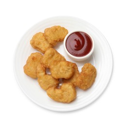 Delicious chicken nuggets and ketchup isolated on white, top view