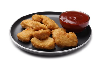 Delicious chicken nuggets and ketchup isolated on white