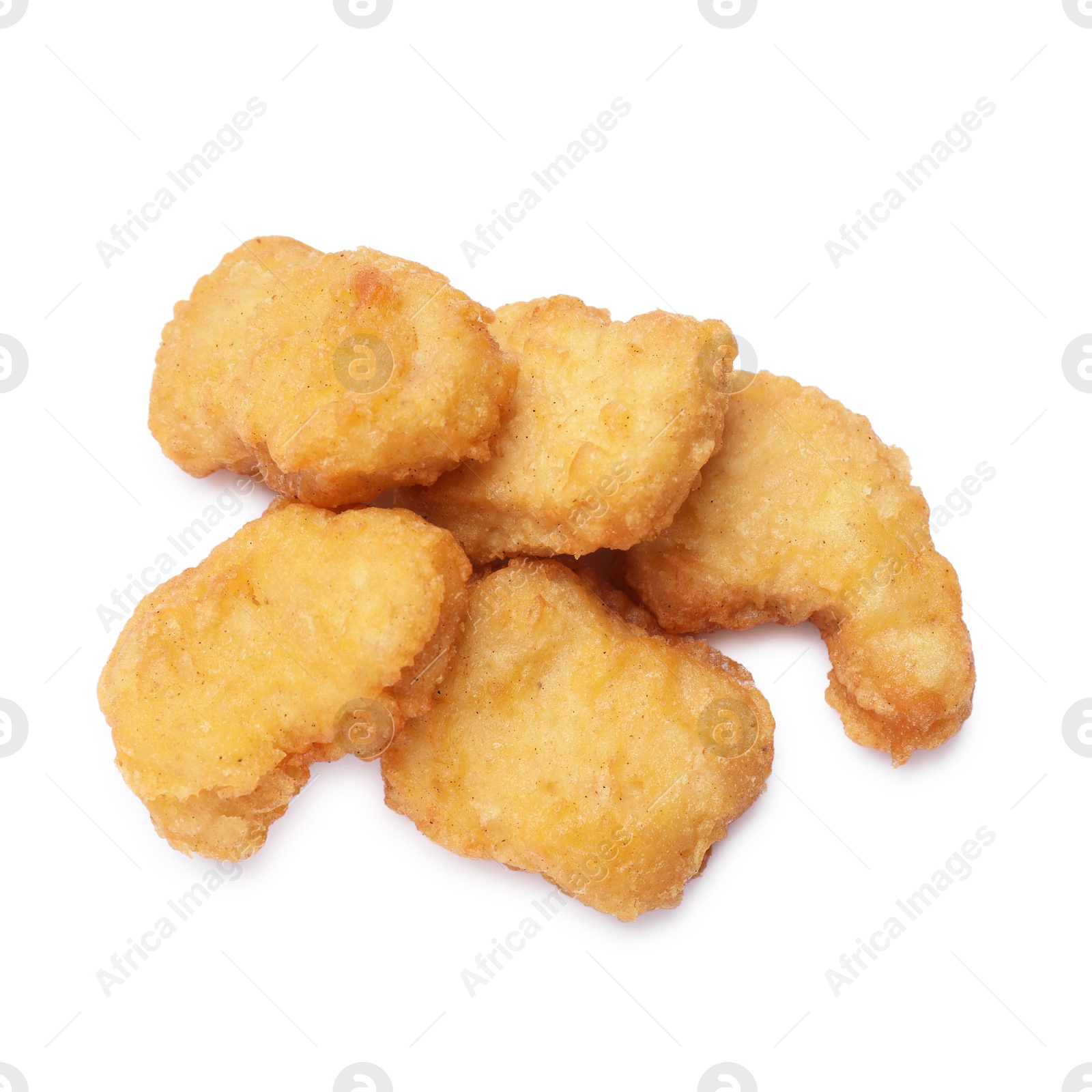 Photo of Delicious chicken nuggets isolated on white, top view