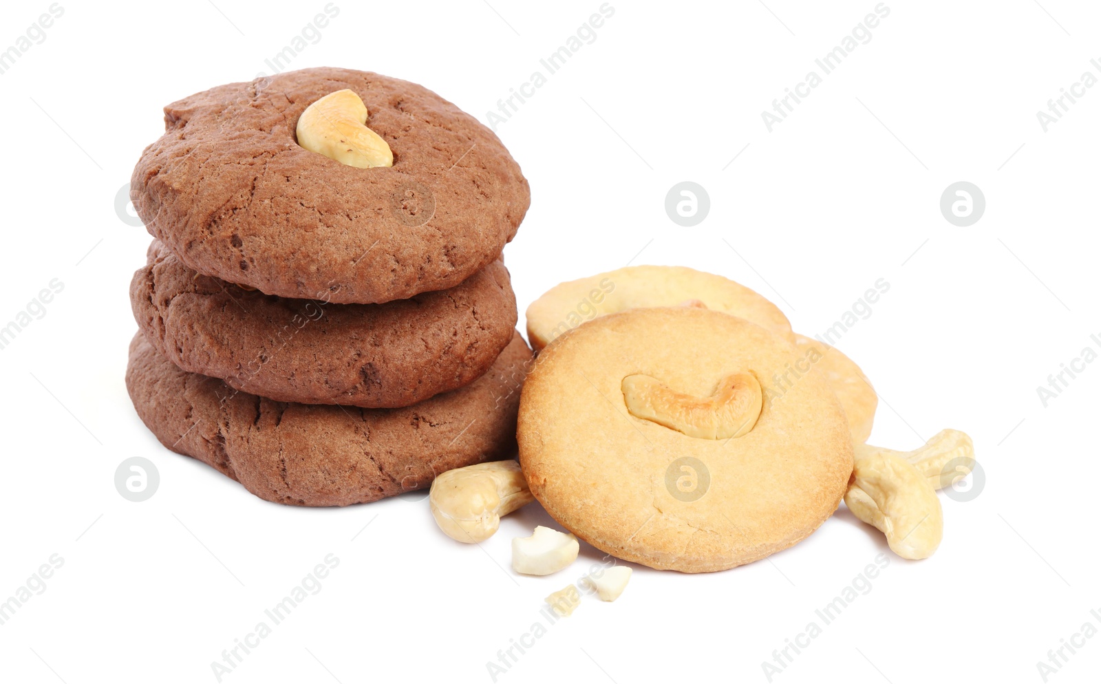 Photo of Different tasty cashew cookies isolated on white