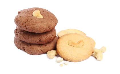 Different tasty cashew cookies isolated on white