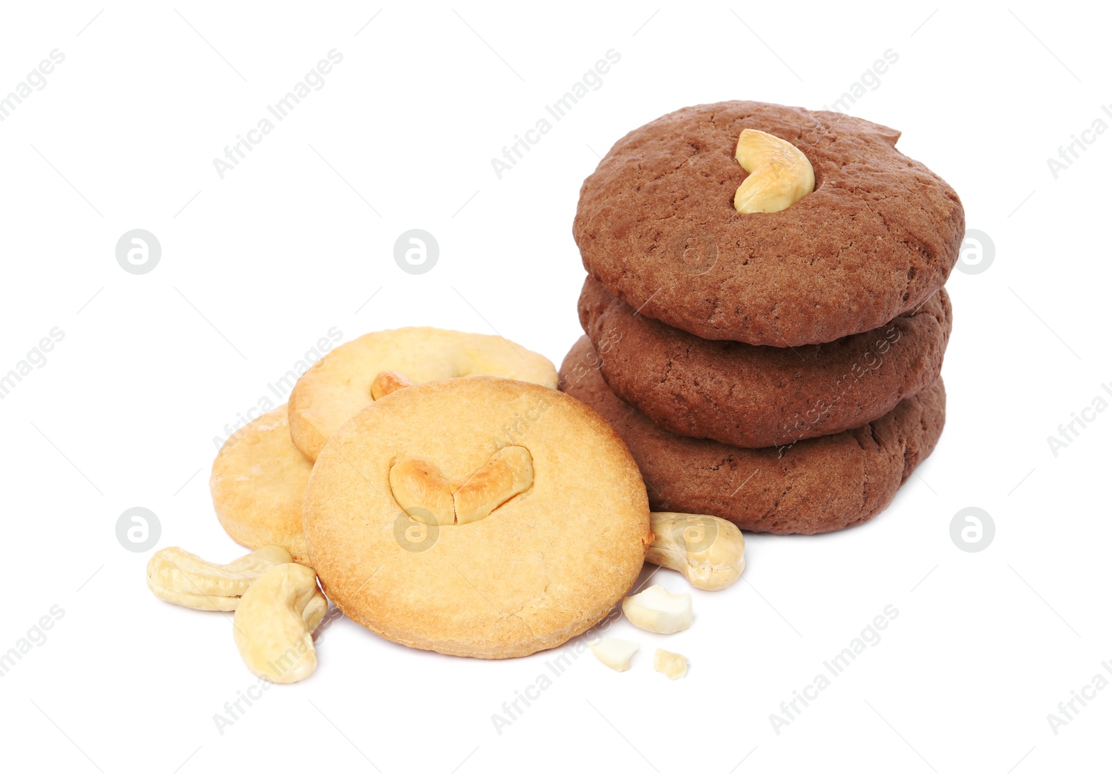 Photo of Different tasty cashew cookies isolated on white