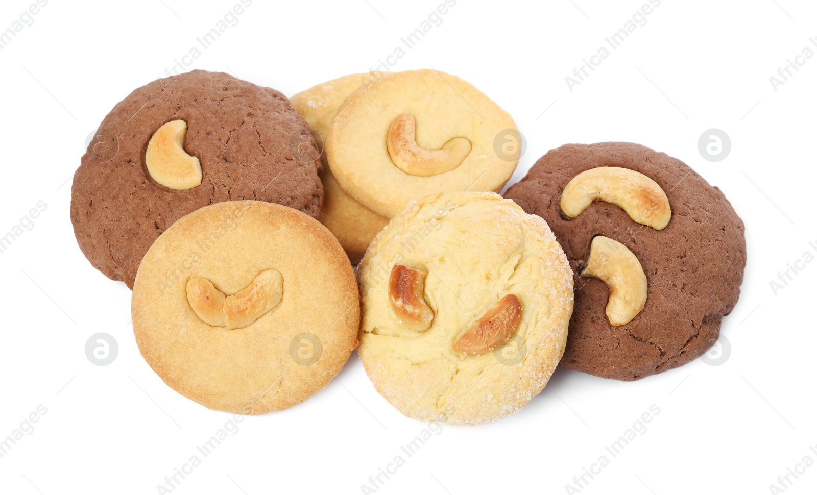 Photo of Different tasty cashew cookies isolated on white