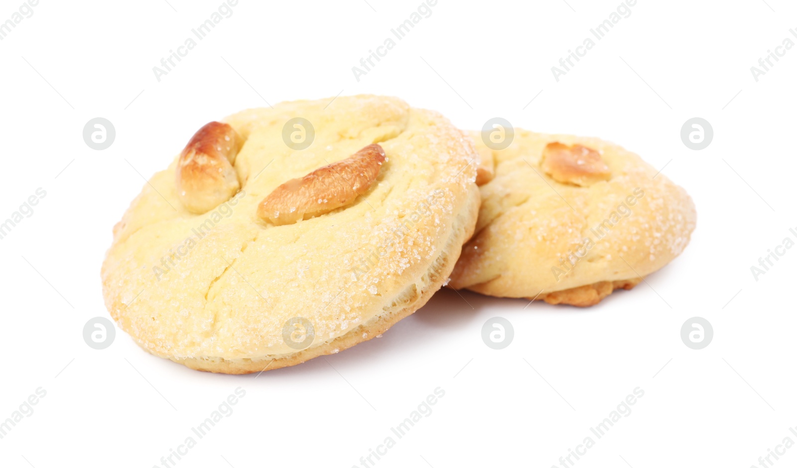 Photo of Two tasty cashew cookies isolated on white