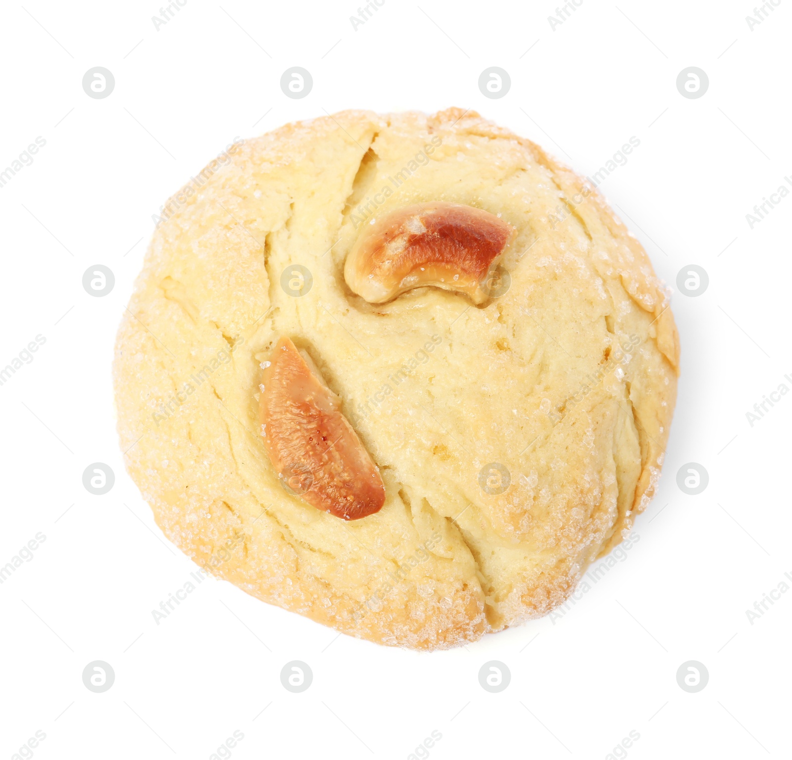 Photo of One tasty cashew cookie isolated on white, top view