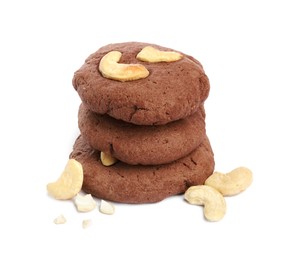 Photo of Stack of tasty chocolate cookies with cashew isolated on white