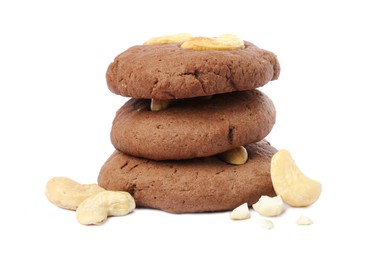 Photo of Stack of tasty chocolate cookies with cashew isolated on white