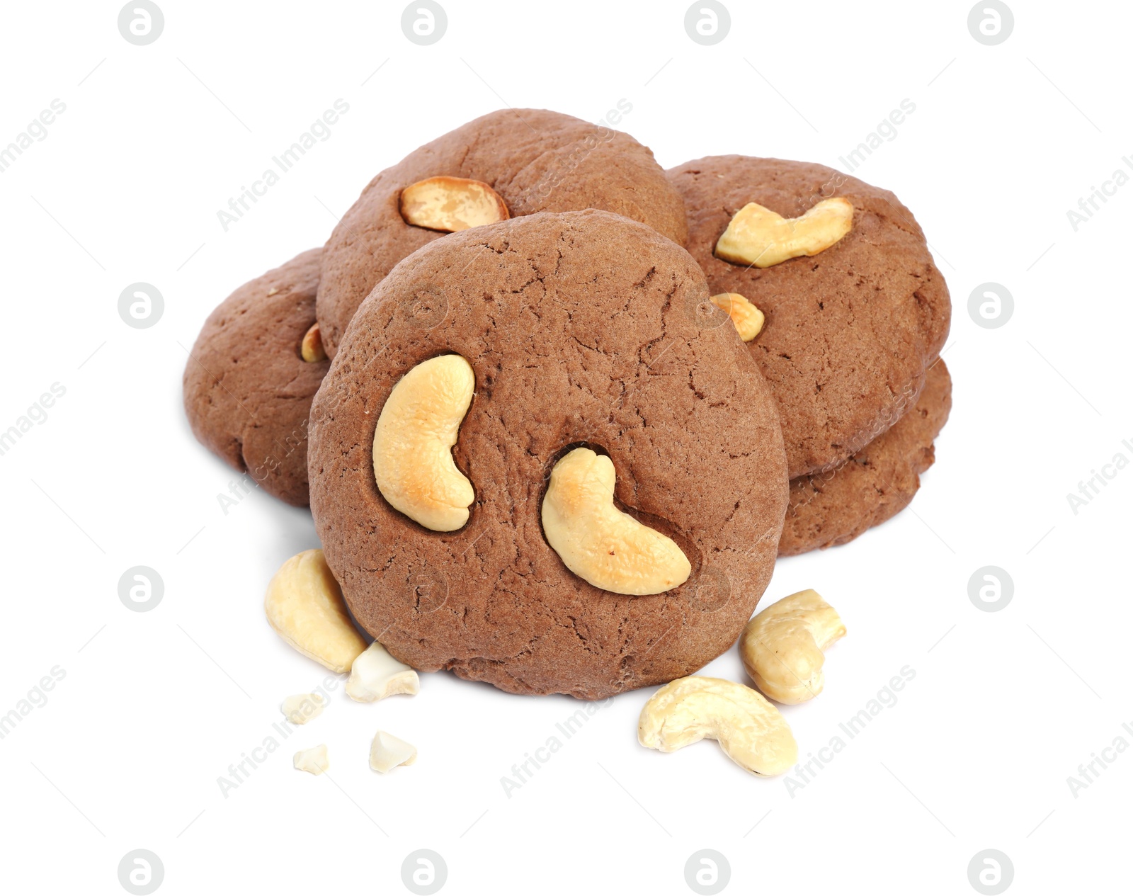 Photo of Tasty chocolate cookies with cashew isolated on white