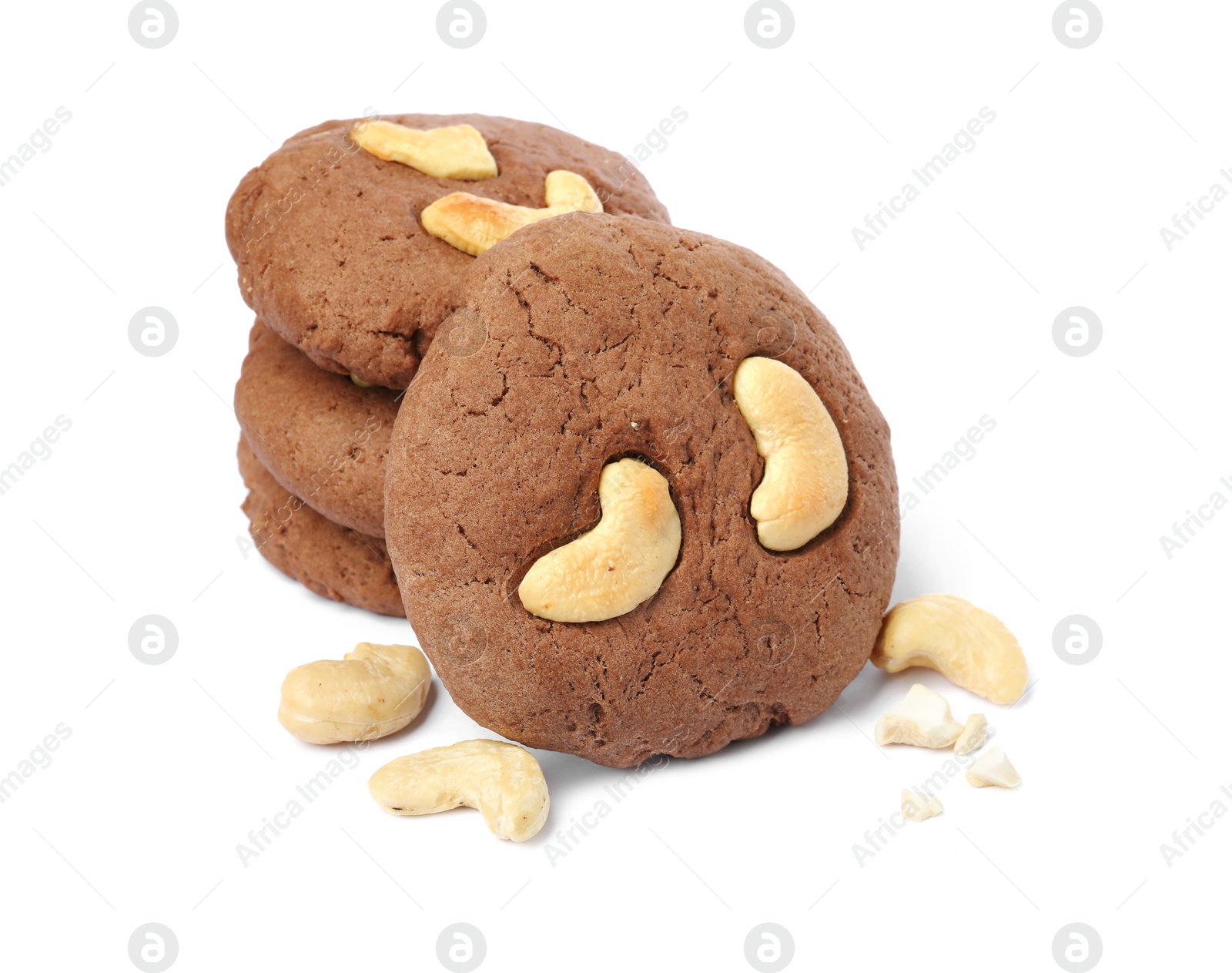 Photo of Tasty chocolate cookies with cashew isolated on white