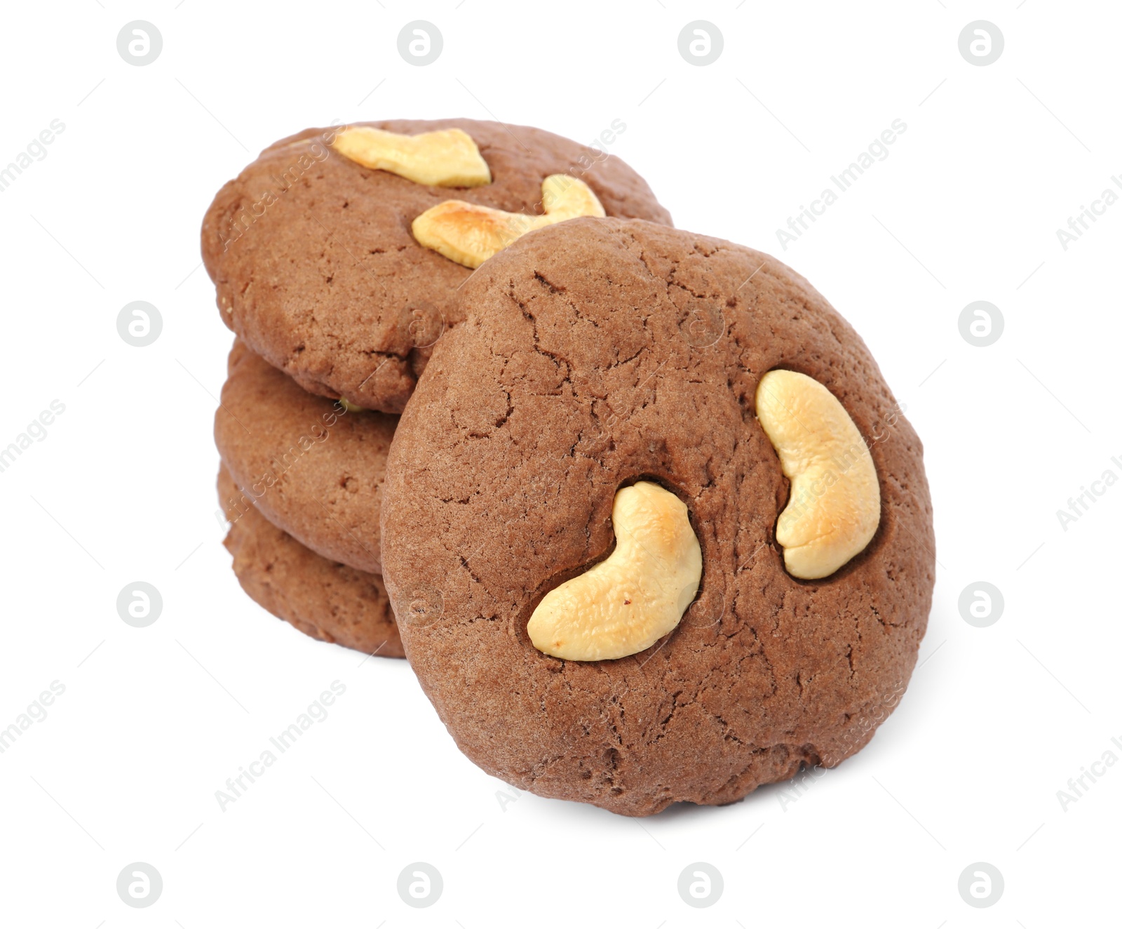 Photo of Tasty chocolate cookies with cashew isolated on white