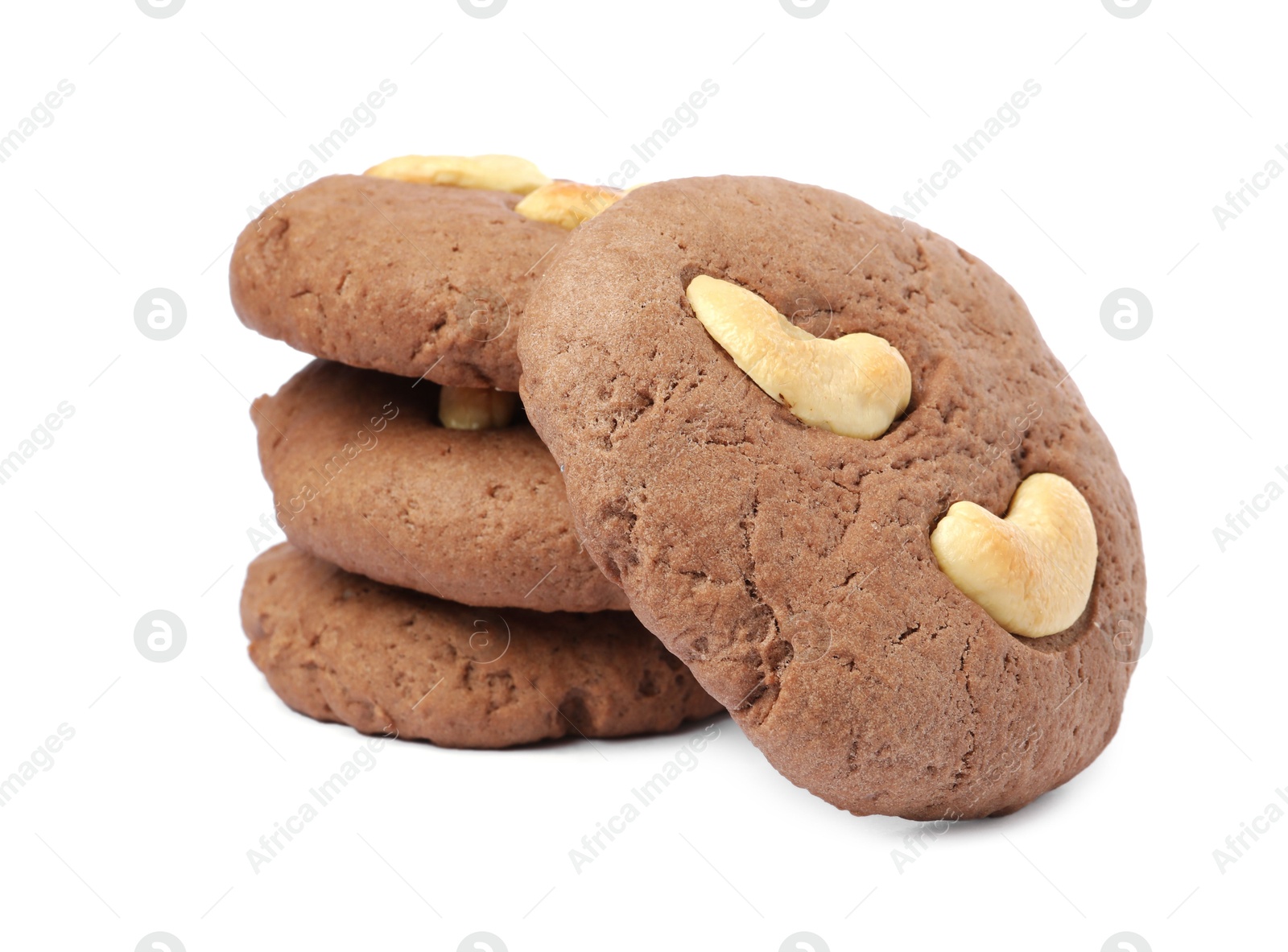 Photo of Tasty chocolate cookies with cashew isolated on white