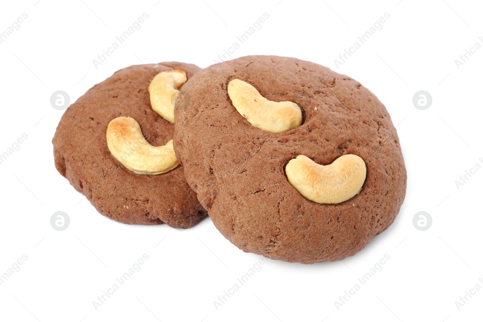 Photo of Tasty chocolate cookies with cashew isolated on white