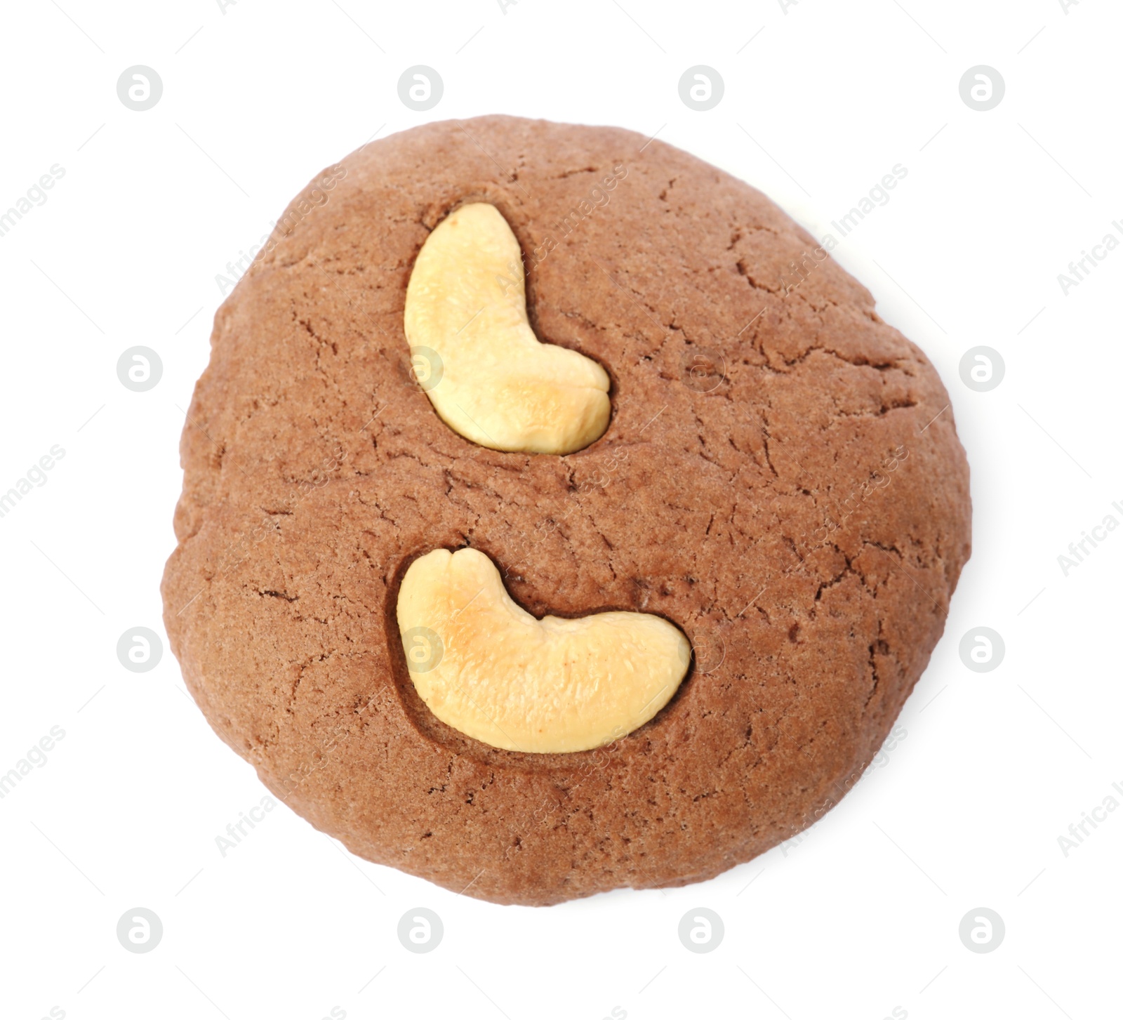 Photo of One tasty chocolate cookie with cashew isolated on white, top view