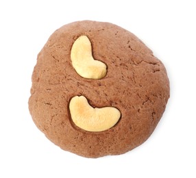 Photo of One tasty chocolate cookie with cashew isolated on white, top view