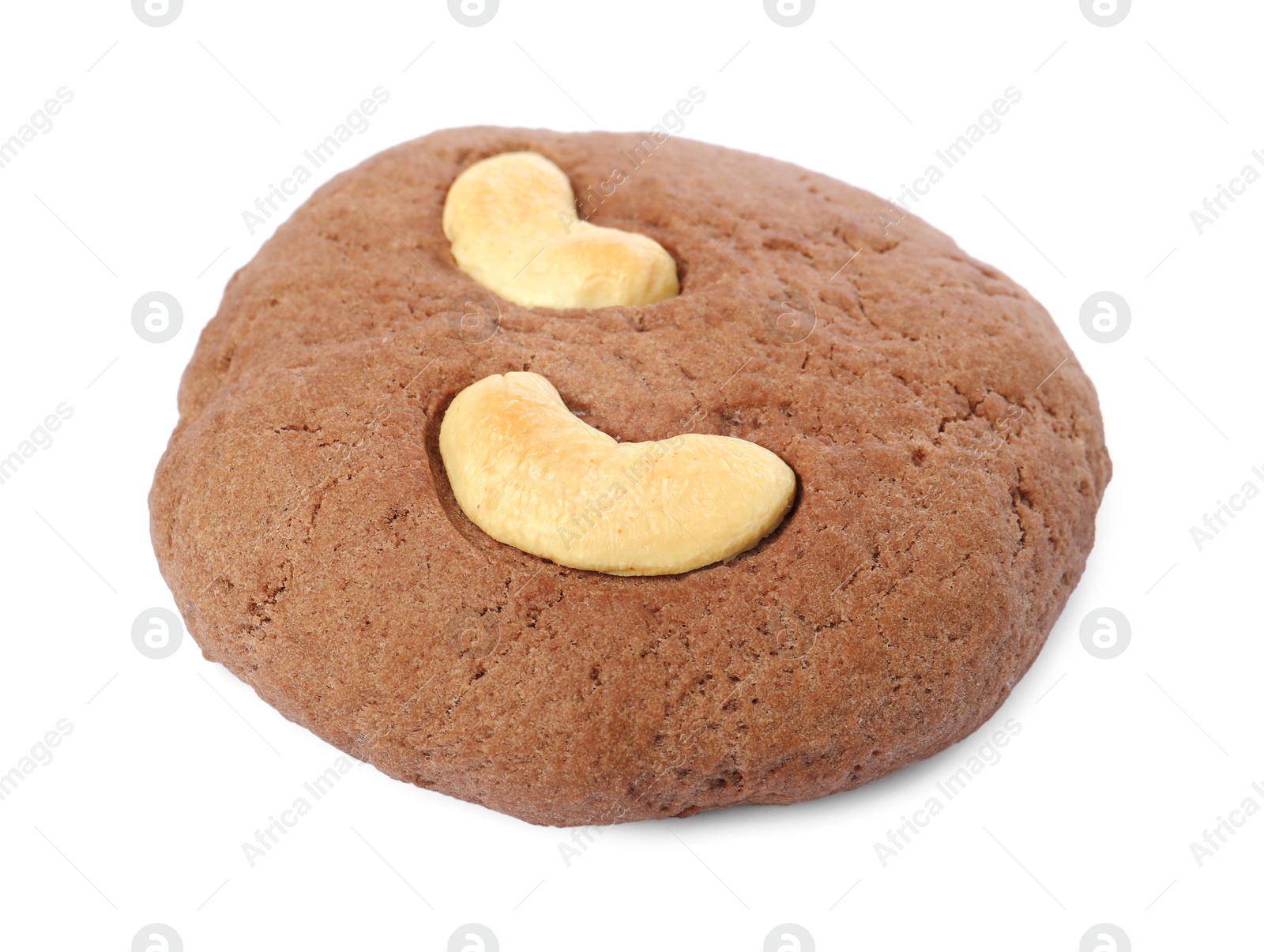 Photo of One tasty chocolate cookie with cashew isolated on white