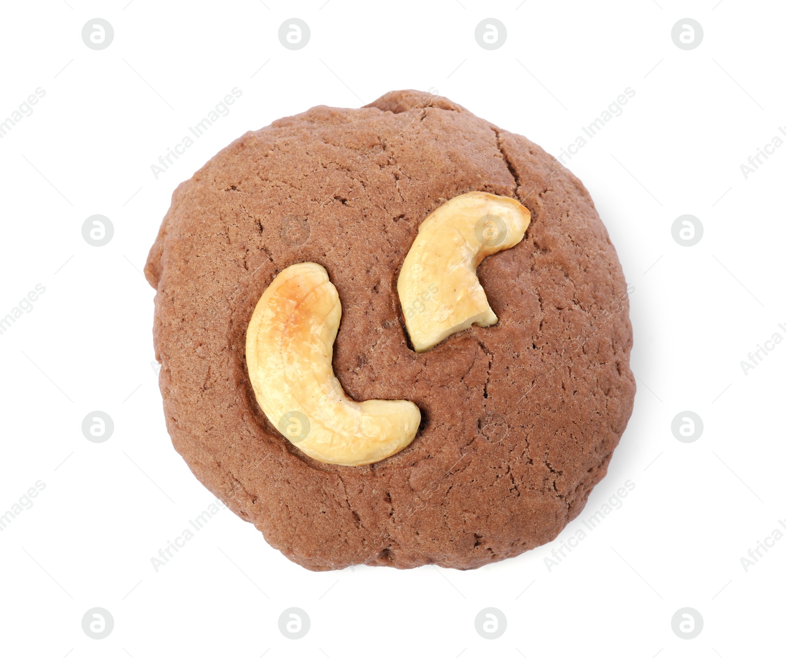 Photo of One tasty chocolate cookie with cashew isolated on white, top view