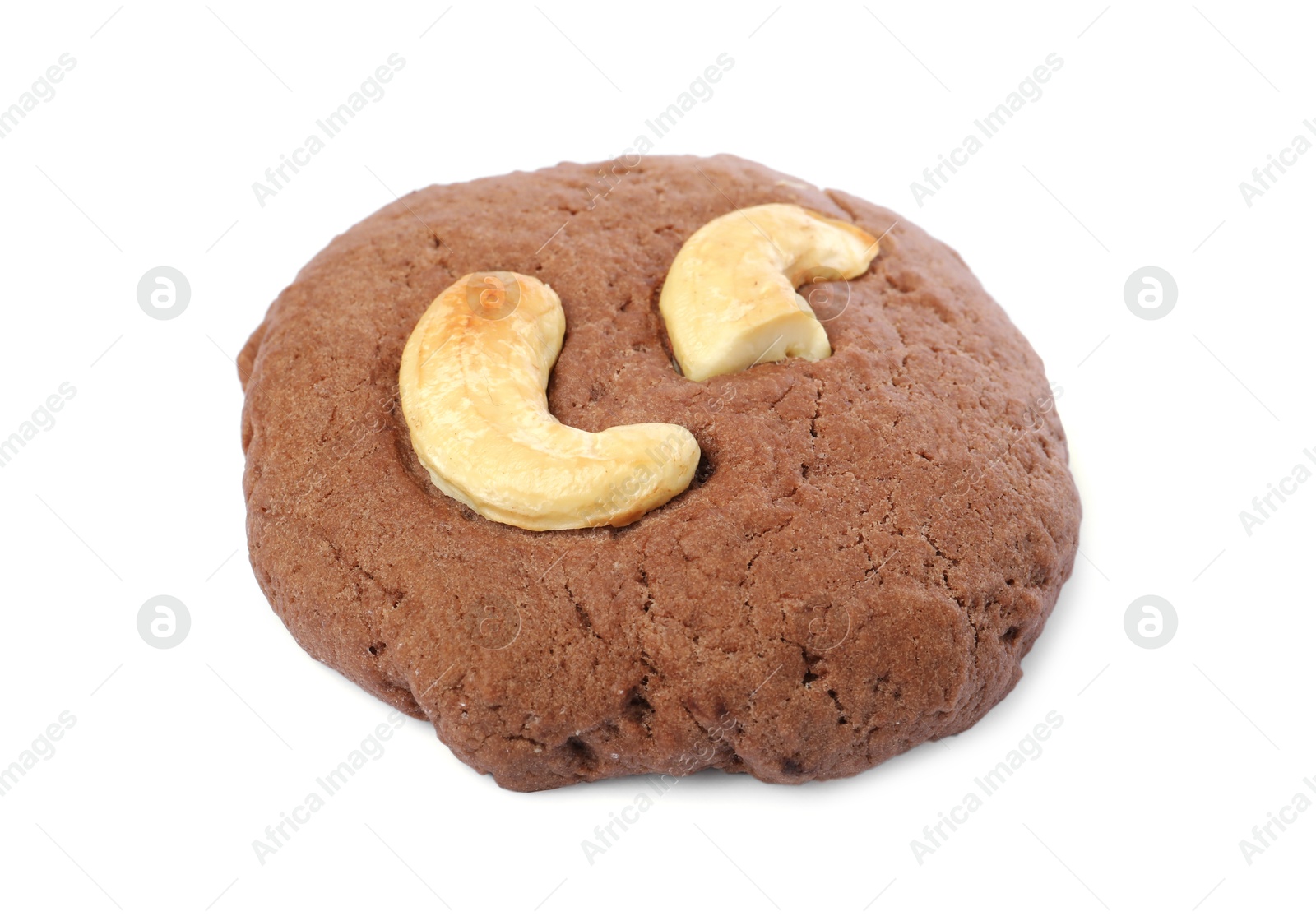 Photo of One tasty chocolate cookie with cashew isolated on white