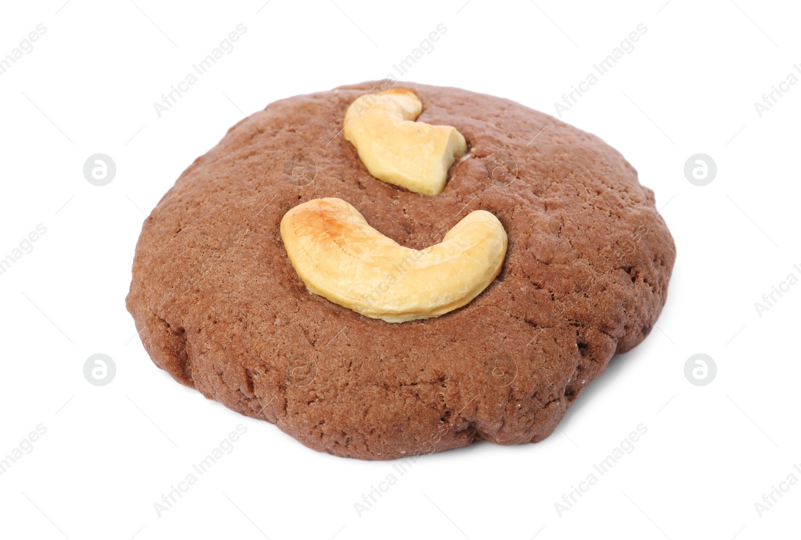 Photo of One tasty chocolate cookie with cashew isolated on white