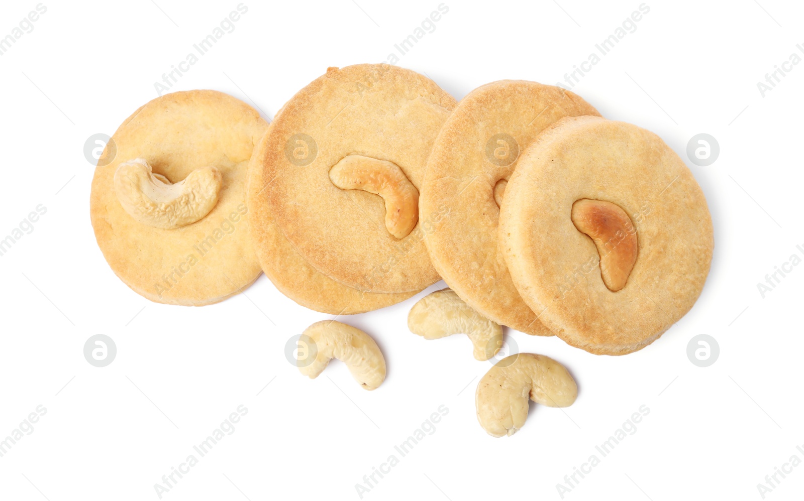 Photo of Tasty cashew cookies isolated on white, top view