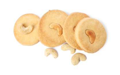 Photo of Tasty cashew cookies isolated on white, top view