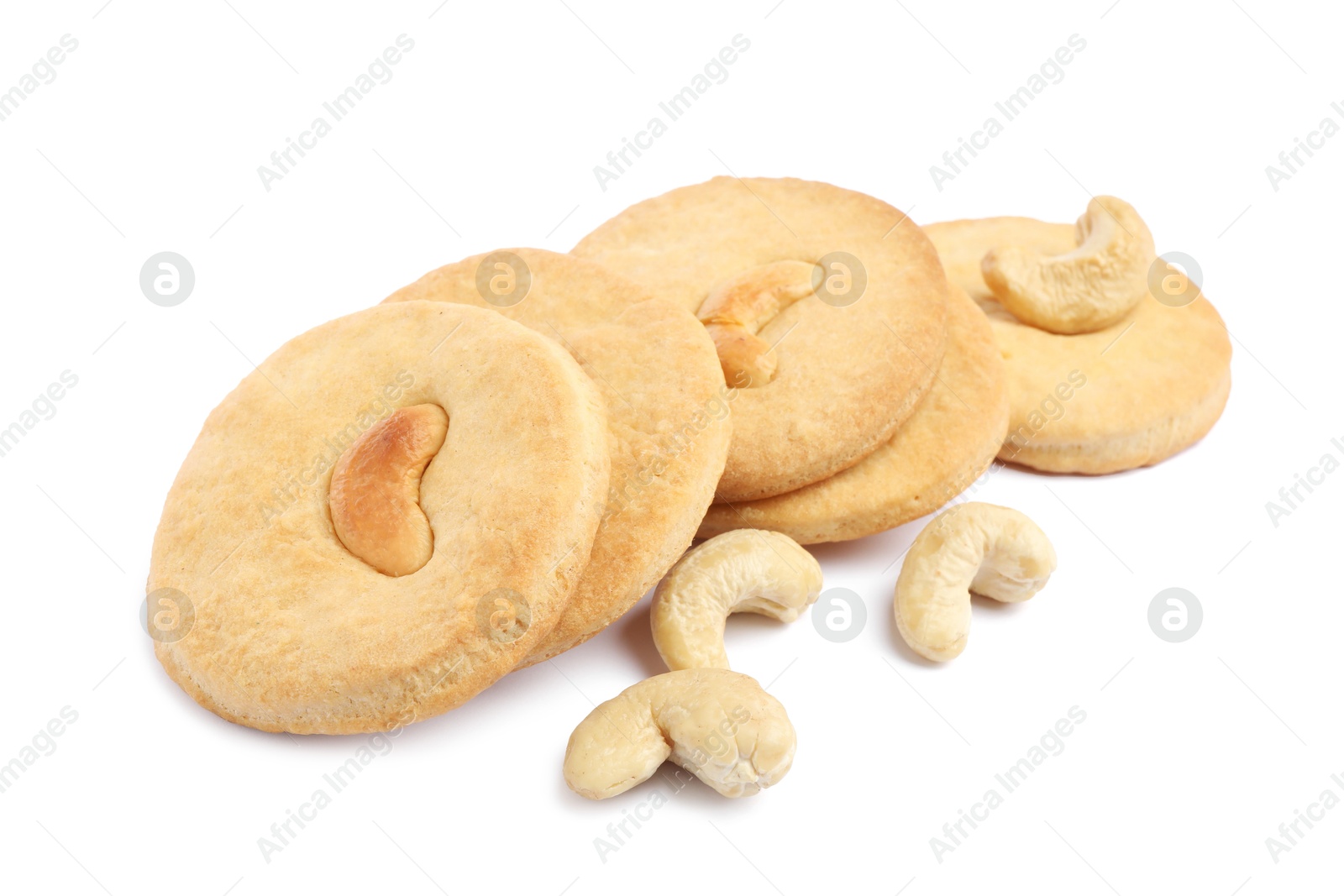 Photo of Tasty cashew cookies and nuts isolated on white