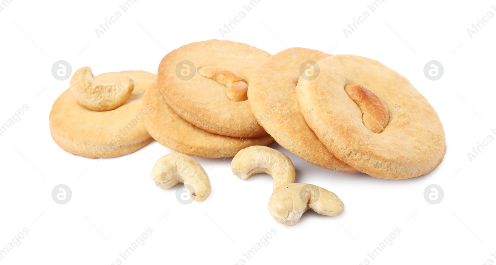 Photo of Tasty cashew cookies and nuts isolated on white