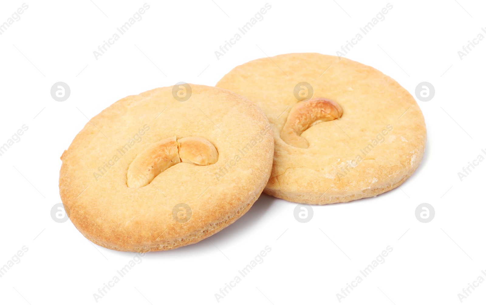 Photo of Two tasty cashew cookies isolated on white