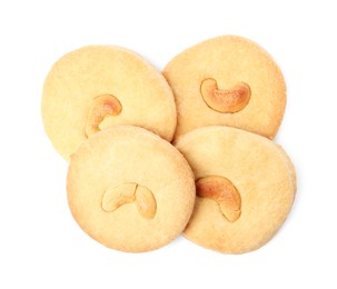 Photo of Tasty cashew cookies isolated on white, top view