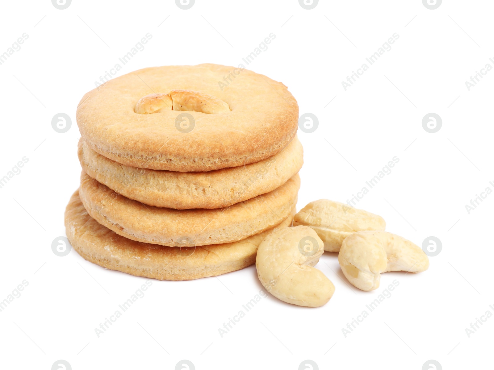 Photo of Stack of tasty cashew cookies isolated on white