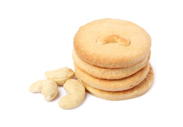 Photo of Stack of tasty cashew cookies isolated on white