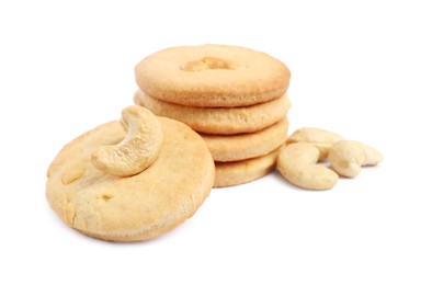 Photo of Stack of tasty cashew cookies isolated on white