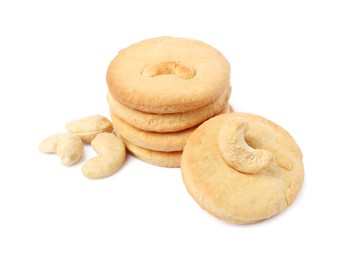 Photo of Stack of tasty cashew cookies isolated on white