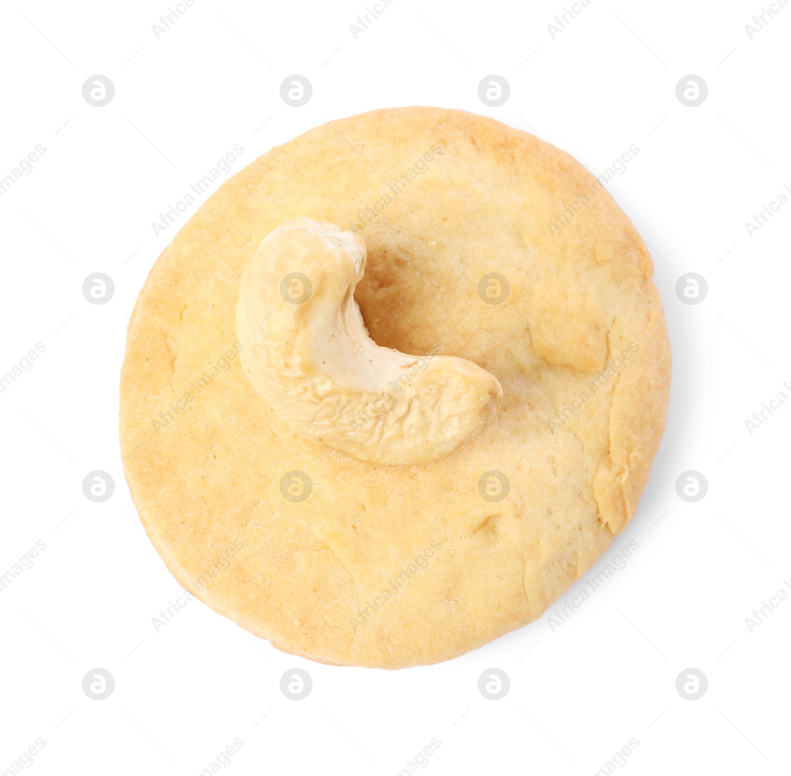 Photo of One tasty cashew cookie isolated on white, top view