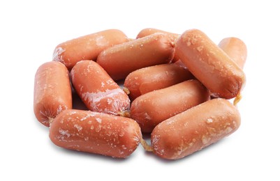 Photo of Many frozen pork sausages isolated on white