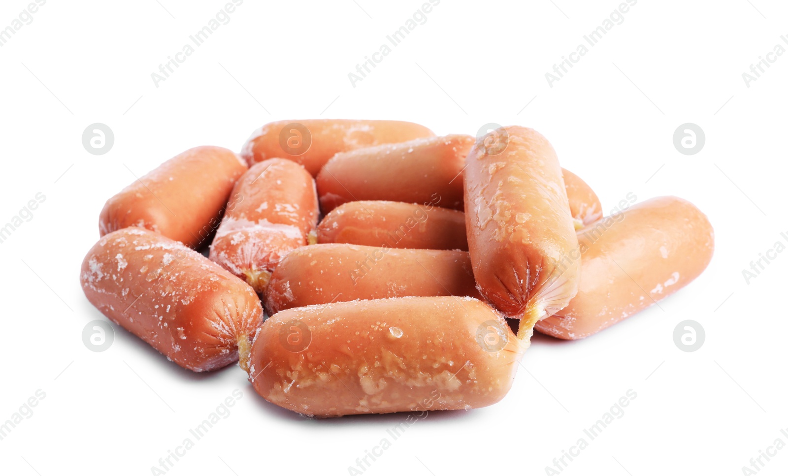 Photo of Many frozen pork sausages isolated on white