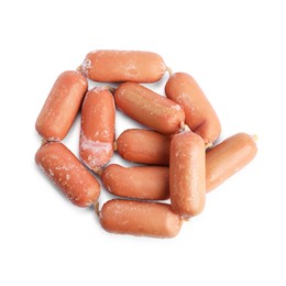 Photo of Frozen sausages isolated on white, top view