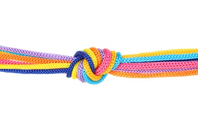 Colorful ropes tied in knot isolated on white. Unity concept