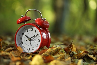 Photo of Alarm clock on fallen dry leaves outdoors, closeup. Space for text