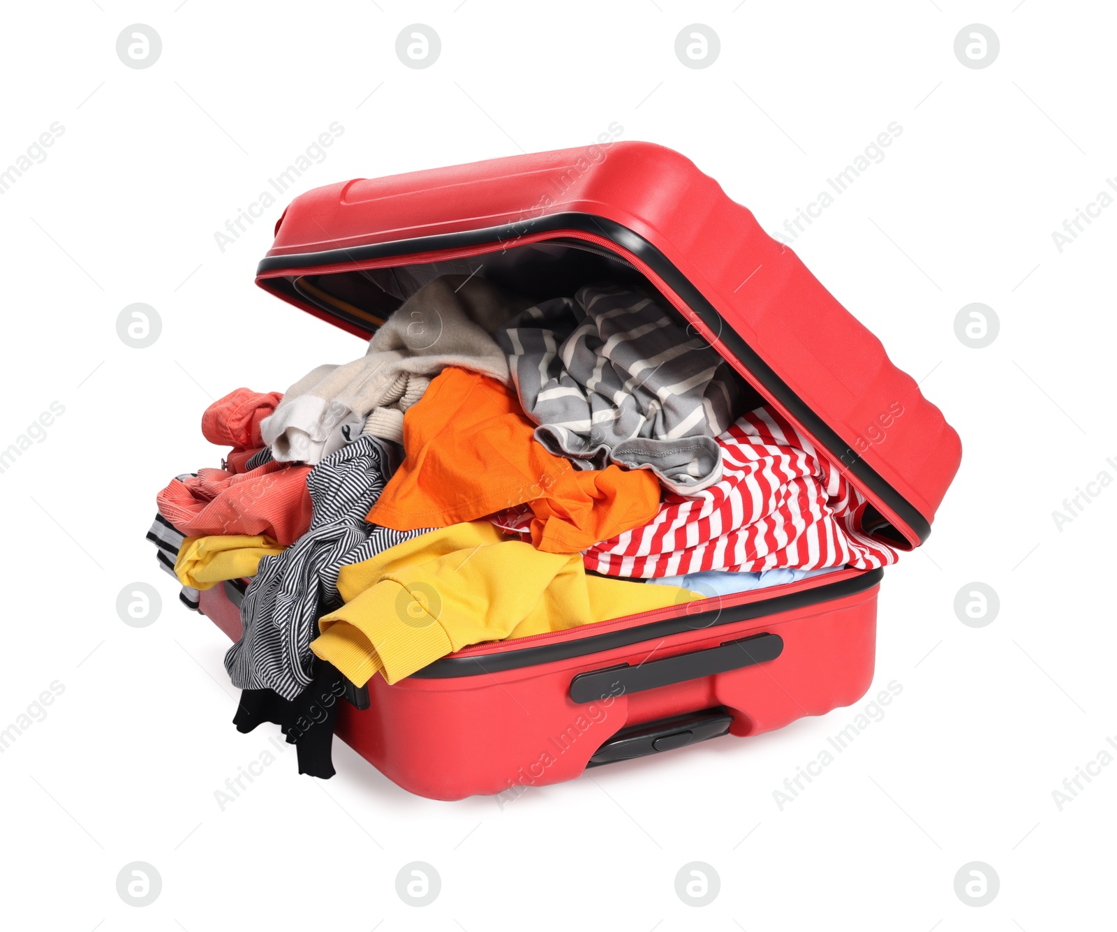 Photo of Packed suitcase full of clothes isolated on white