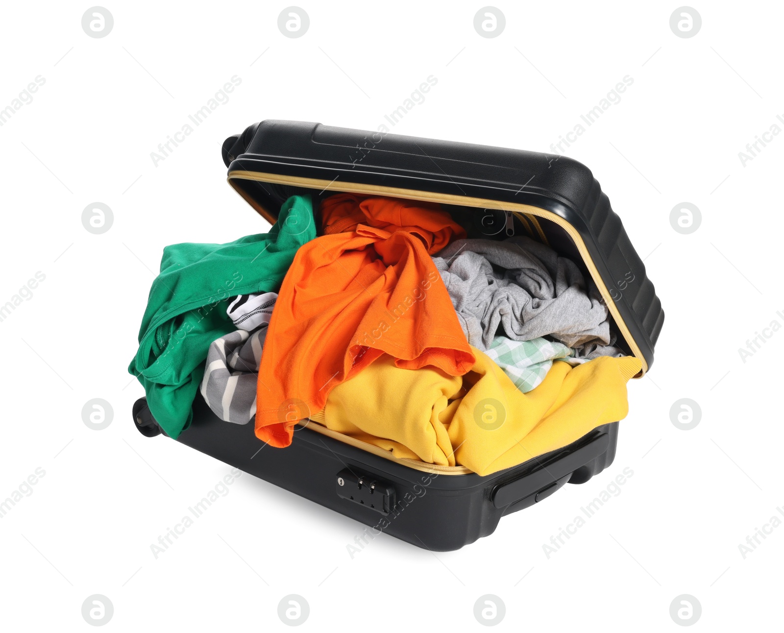 Photo of Packed suitcase full of clothes isolated on white