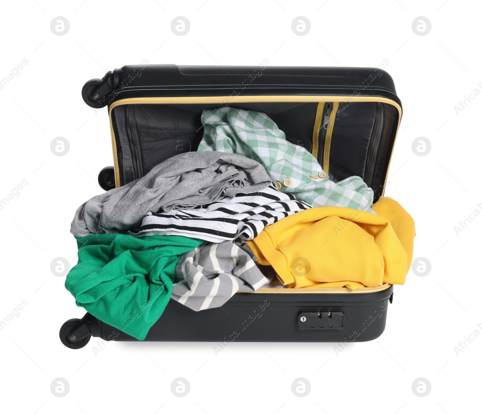 Photo of Packed suitcase full of clothes isolated on white