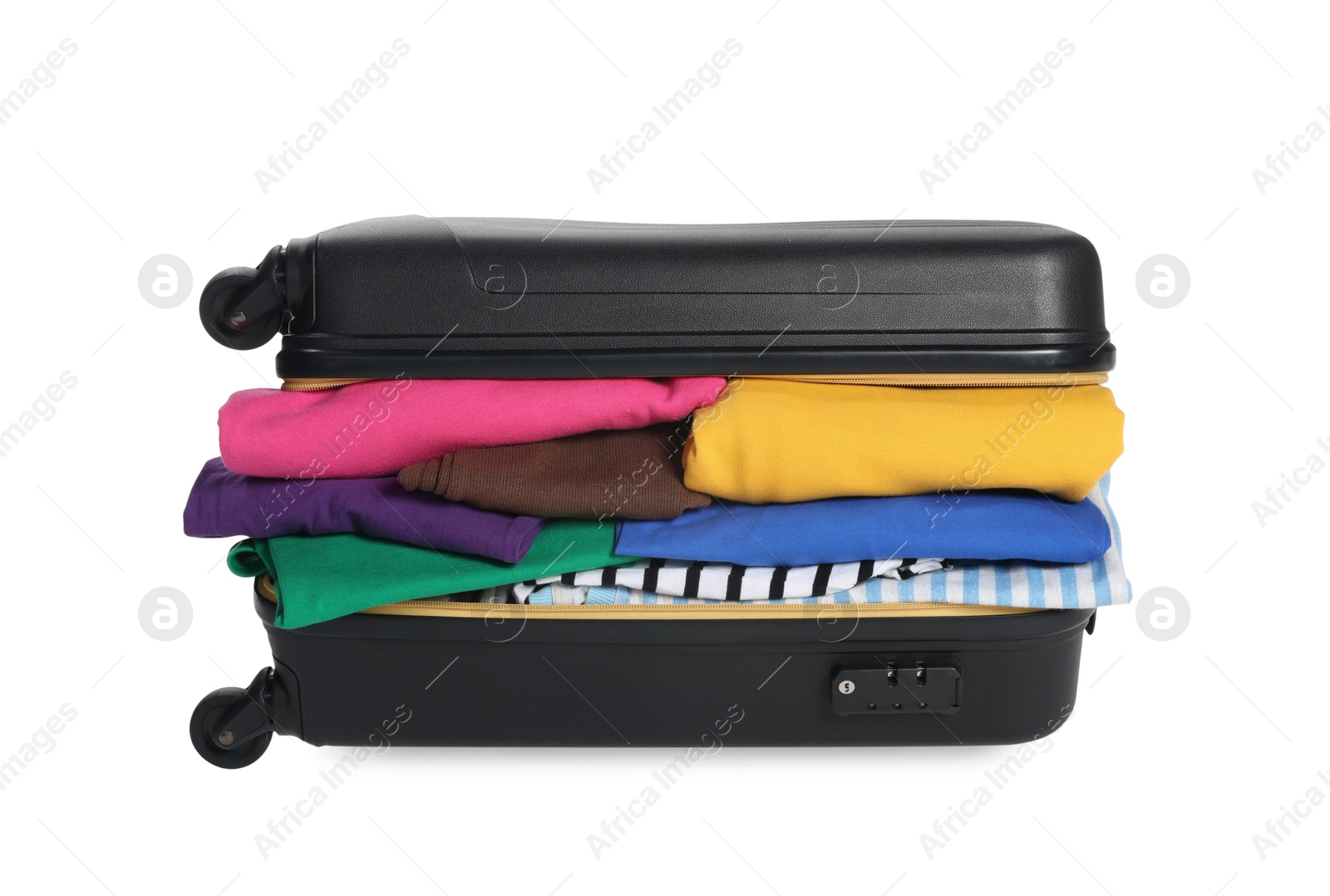 Packed suitcase full of clothes isolated on white Photo of Packed suitcase full of clothes isolated on white
