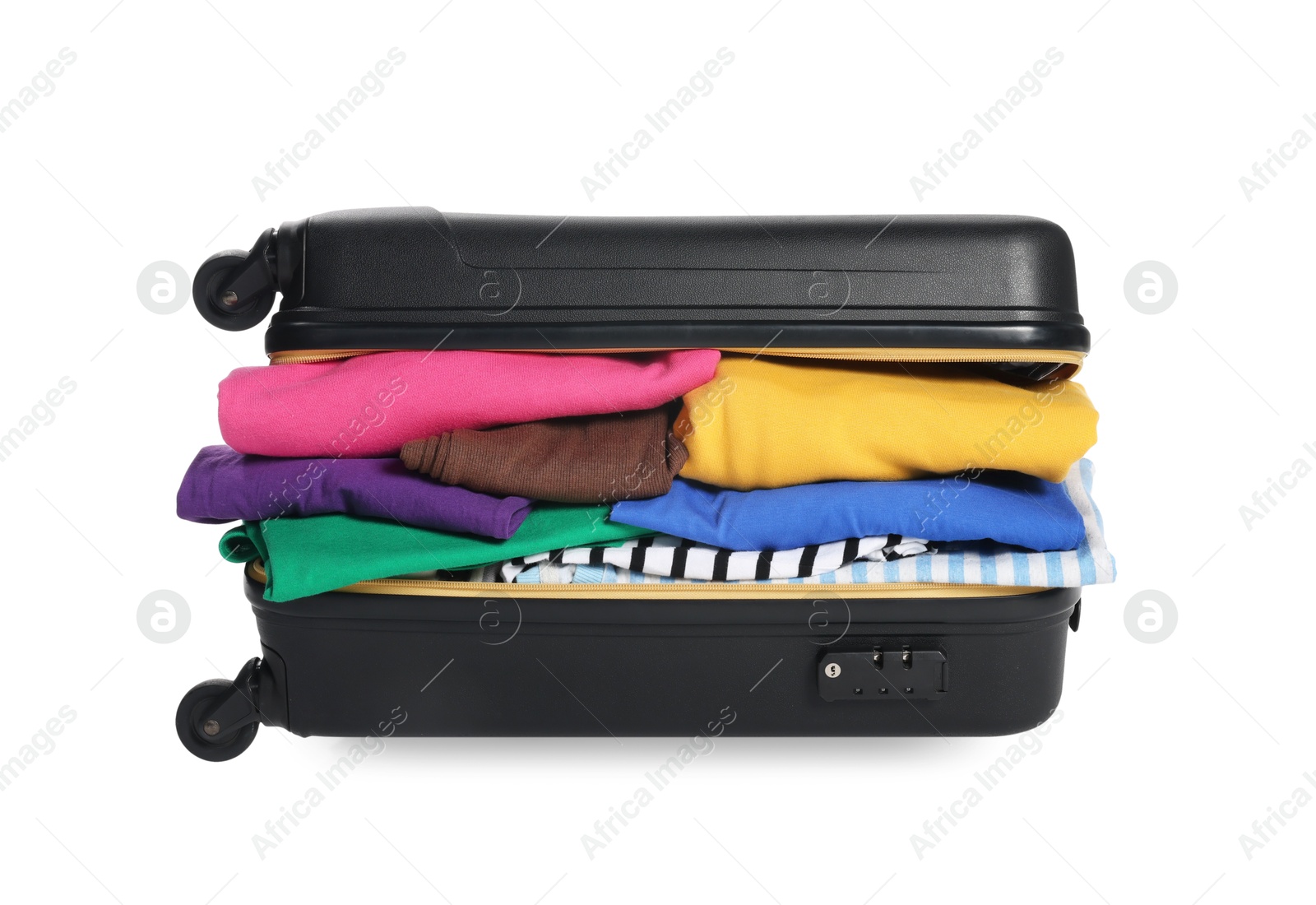 Photo of Packed suitcase full of clothes isolated on white