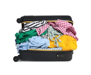 Photo of Packed suitcase full of clothes isolated on white