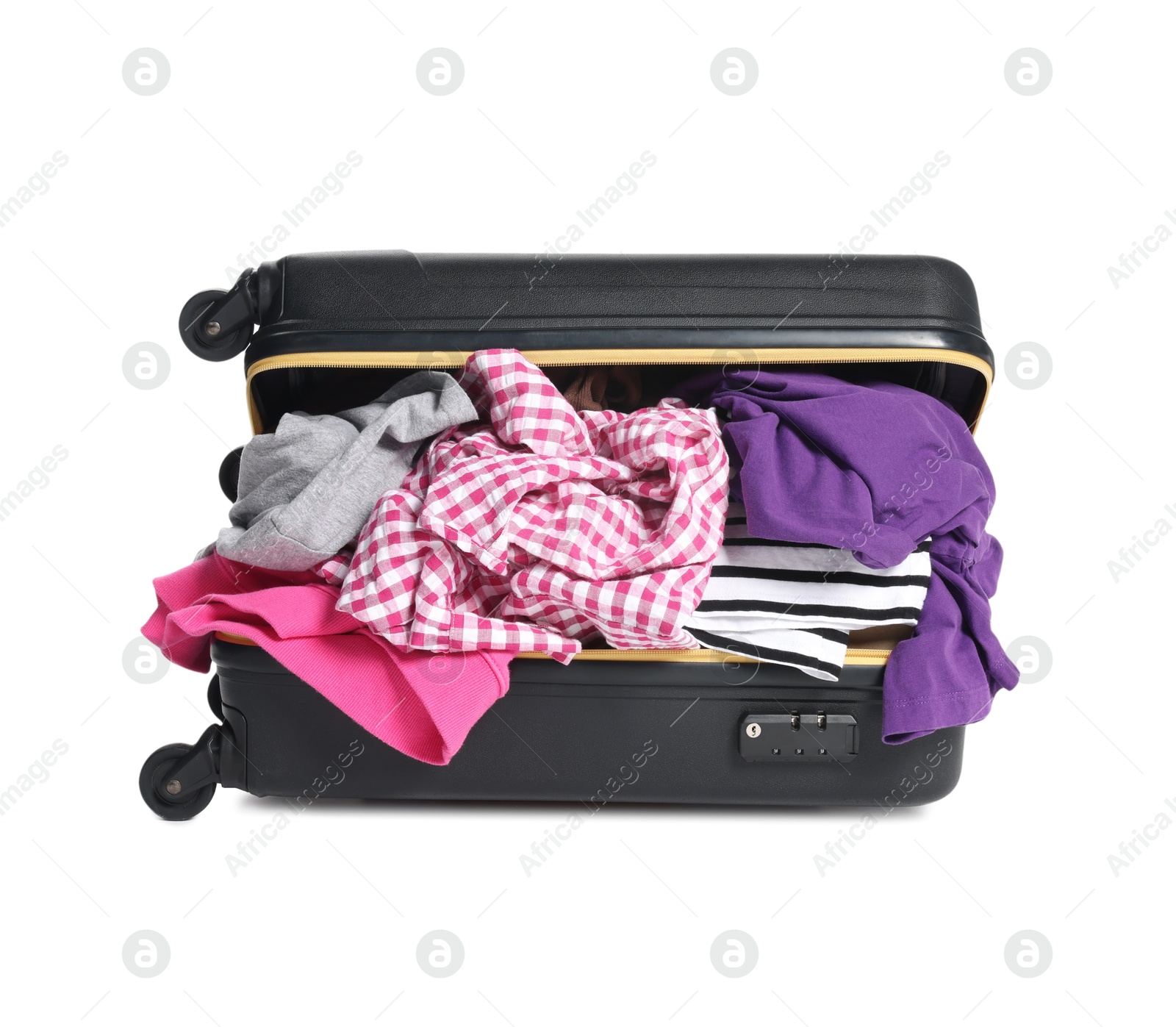 Photo of Packed suitcase full of clothes isolated on white